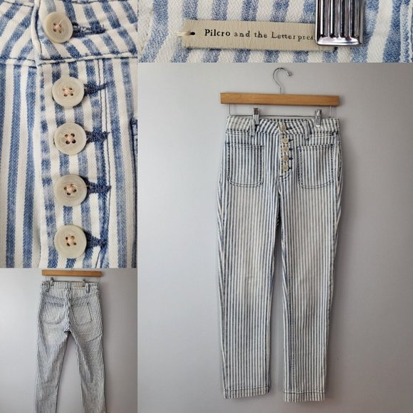 EUC Pilcro and the Letterpress Railroad White Blue Stripe Straight Jeans Size 25 - Picture 1 of 11